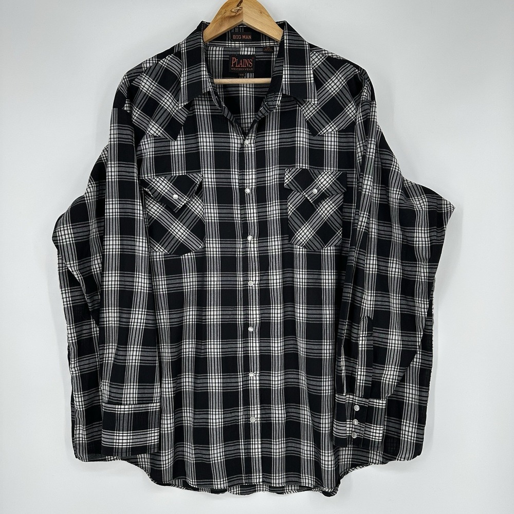Plains Western Wear Big Man 2X Snap Shirt White Black Plaid Western Pearl Snaps